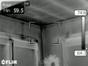 The thermogram of this vinyl-sided 3-floor apartment house clearly shows the path of a serious leak from a washing machine on the third floor, which is completely hidden within the wall. The thermographer used FLIR’s Image Builder software to automatically